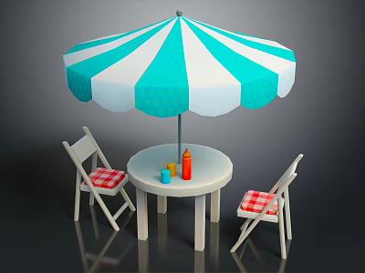 Outdoor Table with Round Design Blue White Striped Umbrella Red White Checkered Chairs Colorful Bottles 3d model
