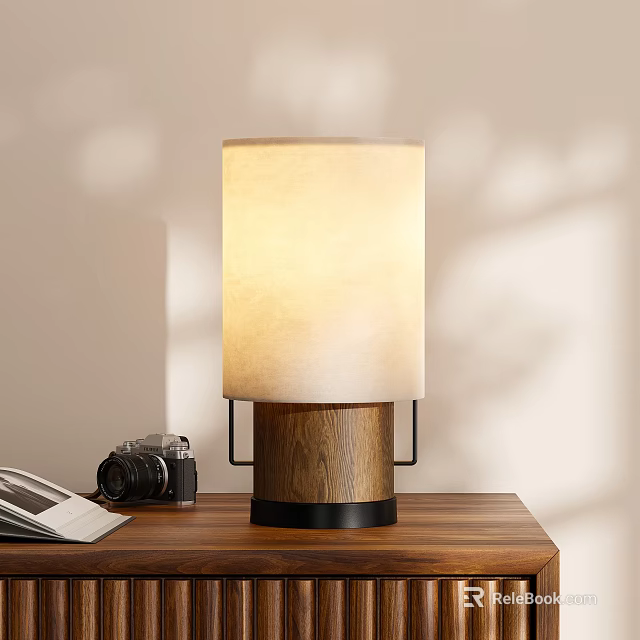 Modern Table Lamp with Wooden Base Light Shade and Warm Light on Desk with Camera 3d model 