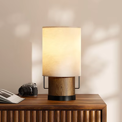 Modern Table Lamp with Wooden Base Light Shade and Warm Light on Desk with Camera 3d model