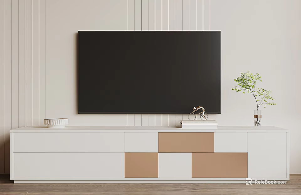 Modern TV Stand With White Gold Geometric Panels And Decorative Items Like Plant And Books 3d model 