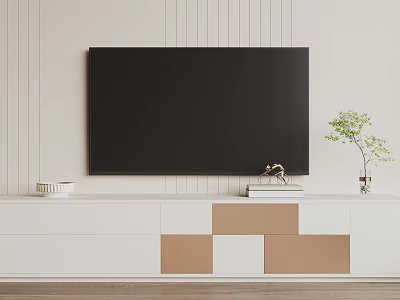 Modern TV Stand With White Gold Geometric Panels And Decorative Items Like Plant And Books 3d model