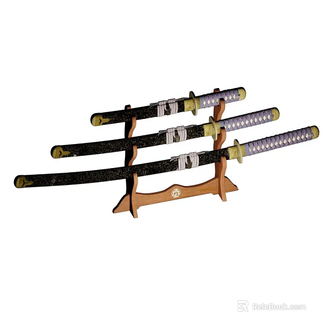 Three Traditional Japanese Katanas on Wooden Display Stand with Ornate Handles 3d model 
