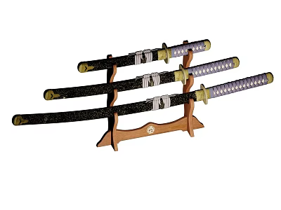 Three Traditional Japanese Katanas on Wooden Display Stand with Ornate Handles 3d model