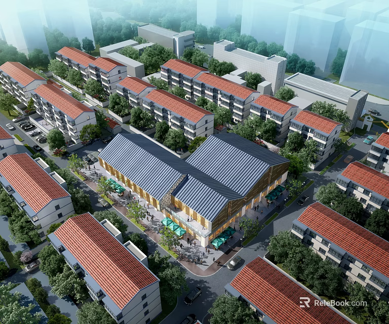 Aerial Planning of Residential Community With Buildings Greenery and Roads 3d model 