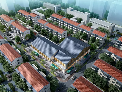 Aerial Planning of Residential Community With Buildings Greenery and Roads 3d model