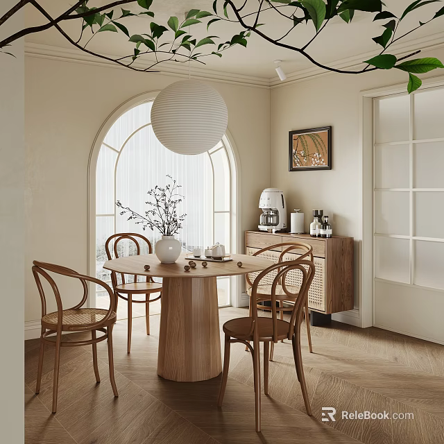 Elegant Restaurant Interior with Wooden Table Chairs Pendant Lantern and Coffee Machine 3d model 