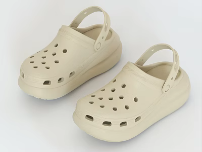 Beige Platform Clogs With Perforated Design And Adjustable Straps For Comfort 3d model