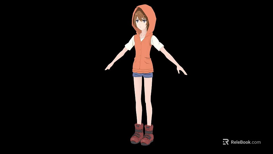 Game And Movie Character In Orange Hoodie White T Shirt Blue Shorts And Red Boots 3d model 