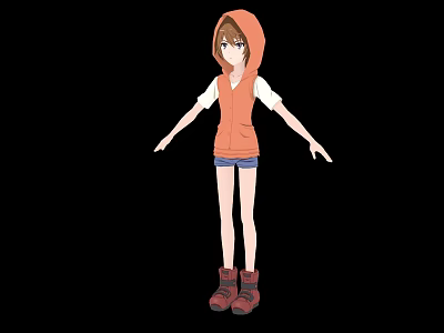 Game And Movie Character In Orange Hoodie White T Shirt Blue Shorts And Red Boots 3d model