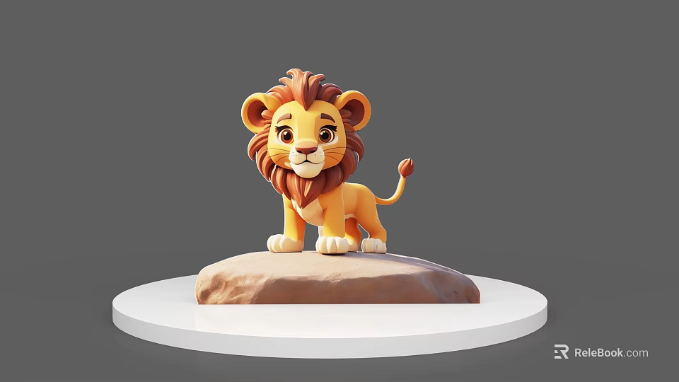Cute 3D Cartoon Lion Standing On Rock With White Circular Platform 3d model 