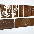 Rusted Steel Feature Wall with Leaf Branch Bird Tree and Geometric Patterns 3d model