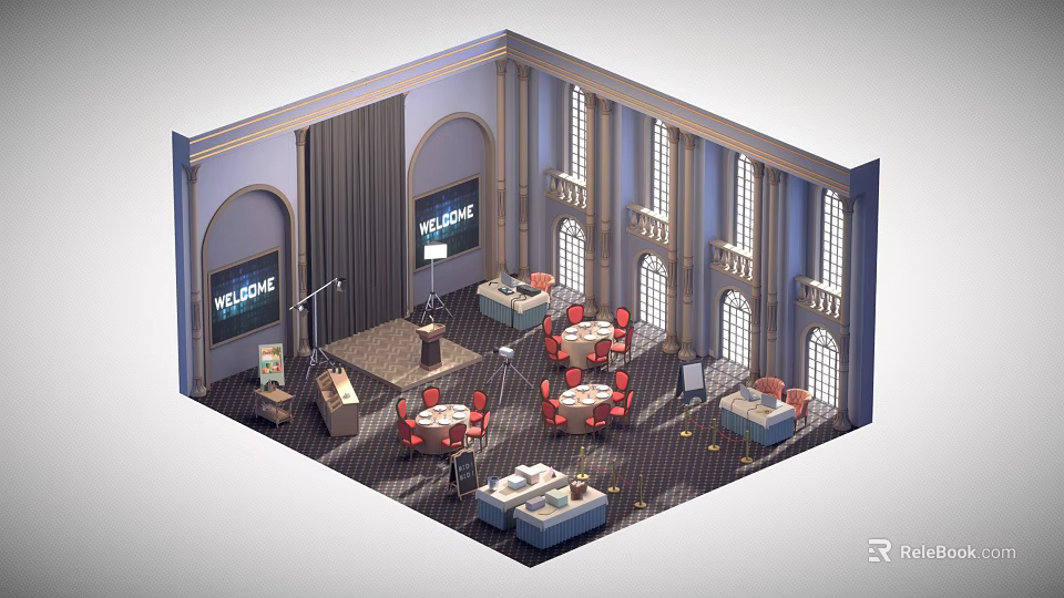 Cartoon Style Reception Hall Scene With Welcome Screens Sofas Tables Chairs And Arched Windows 3d model 