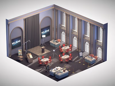 Cartoon Style Reception Hall Scene With Welcome Screens Sofas Tables Chairs And Arched Windows 3d model
