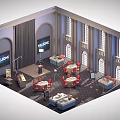 Cartoon Style Reception Hall Scene With Welcome Screens Sofas Tables Chairs And Arched Windows