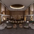 Modern Hotel Lobby Interior With Circular Bar Sofa Area Chandelier And Bookshelves