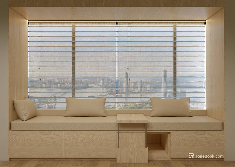 Modern Wooden Banquette Sofa With Beige Cushions Small Coffee Table And Large Windows City View 3d model 
