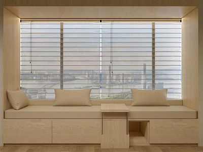 Modern Wooden Banquette Sofa With Beige Cushions Small Coffee Table And Large Windows City View 3d model
