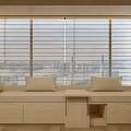 Modern Wooden Banquette Sofa With Beige Cushions Small Coffee Table And Large Windows City View