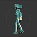 Teal Colored Robot With Head Device In Standing Pose On Reflective Surface