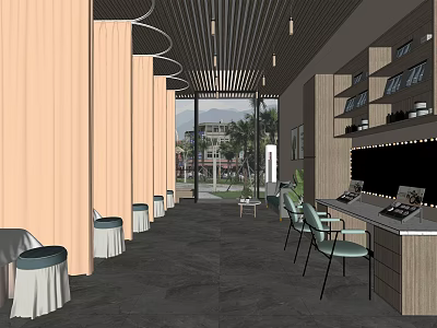 Modern Beauty Salon Interior With Open Space Windows Greenery View Wooden Decor And Comfortable Seating 3d model