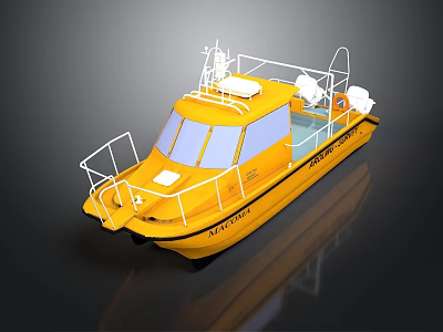 Yellow Rescue Boat With White Railing And Safety Equipment On Water 3d model