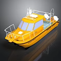 Yellow Rescue Boat With White Railing And Safety Equipment On Water