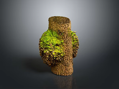Natural Wooden Vase With Moss Covered Surface And Tree Bark Texture Design 3d model
