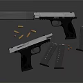 Two Modern Handguns Displayed With Magazines And Bullets On Dark Surface 3d model