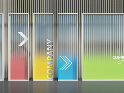 Modern Public Office Space With Colorful Glass Partitions Directional Arrows And Company Signs 3d model