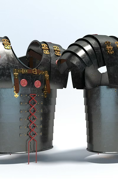 Medieval Metal Armor Clothing With Black Silver Finish Golden Shoulder Decorations And Red Chest Dots 3d model