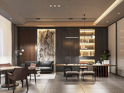 Elegant Hotel Mahjong Room With Dark Wooden Decor Rock Feature Wall And Comfortable Seating 3d model