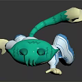 Anime Cat Creature Character With Green Fur Orange Eyes White Top Blue Shorts