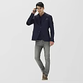 Stylish Man Wearing Navy Blue Blazer Gray Pants And Brown Shoes Talking