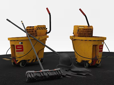 Essential Daily Cleaning Supplies With Yellow Buckets Mops Brooms And Rags 3d model