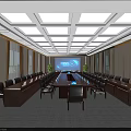 Formal Conference Room Interior With Long Table Chairs Screens Clock And Ceiling Lights