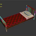 Elegant Single Bed With Red Plaid Bedspread Metal Frame And White Pillow