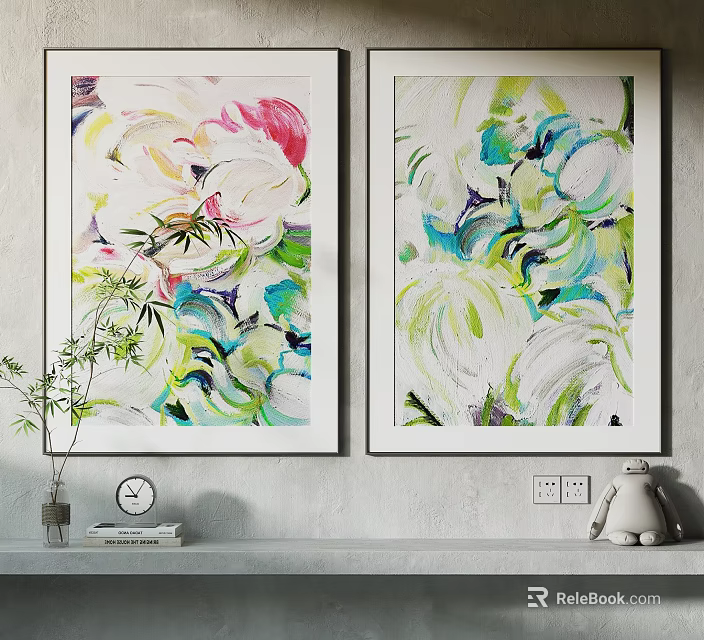 Two Abstract Paintings On Wall With Shelf Plant Clock And Decor Items 3d model