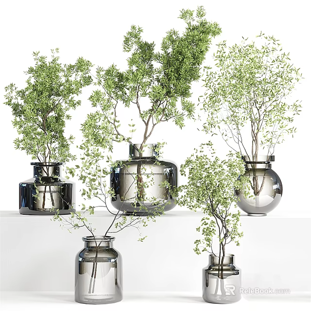 Multiple Decorative Silver Vases with Green Foliage on White Display Shelf 3d model 