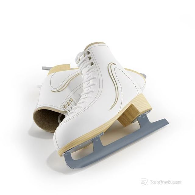 White Ice Skates With Classic Design Wooden Blade Holders And Polished Metal Blades 3d model 