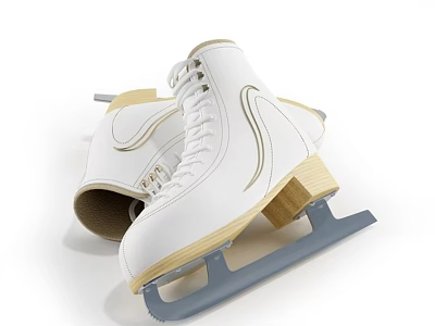White Ice Skates With Classic Design Wooden Blade Holders And Polished Metal Blades 3d model