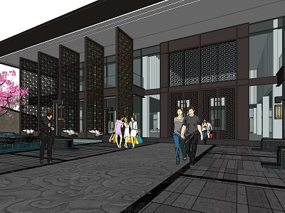 Modern Sales Center Building With Glass Curtain Walls Dark Lattice Panels Pink Tree And Pedestrians 3d model