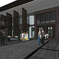Modern Sales Center Building With Glass Curtain Walls Dark Lattice Panels Pink Tree And Pedestrians