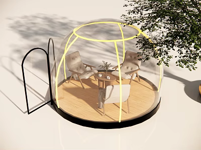 Outdoor Transparent Dome Relaxation Space With Wooden Table Chairs And Tree 3d model