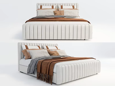 Modern Upholstered Double Bed With Stitched Headboard Brown Blanket And Decorative Pillows 3d model