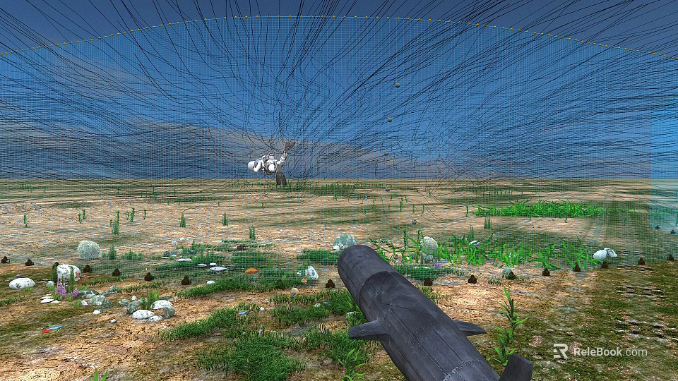 Woman Exploring Grassy Field with Distant Smoke and Blue Sky View 3d model 