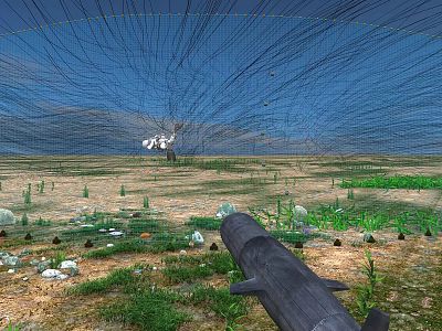 Woman Exploring Grassy Field with Distant Smoke and Blue Sky View 3d model