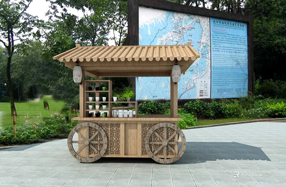 Outdoor Wooden Mobile Kiosk With Tile Roof And Wheels Near Green Plants Area 3d model 