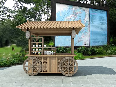 Outdoor Wooden Mobile Kiosk With Tile Roof And Wheels Near Green Plants Area 3d model