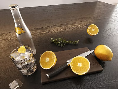 Fresh Whole and Halved Lemons on Wooden Cutting Board with Knife Ice Cubes and Rosemary 3d model
