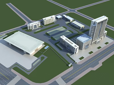 Modern Office Building Complex With Multiple Structures Roads And Green Areas 3d model